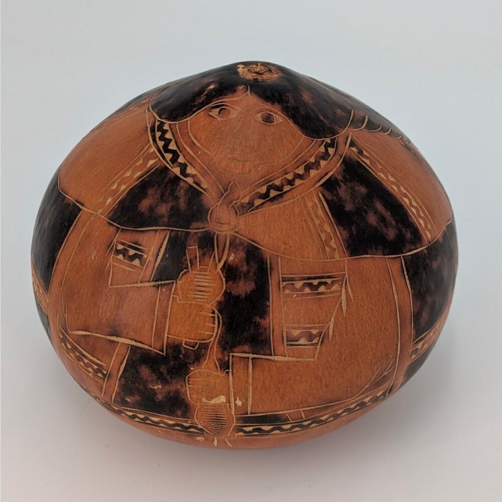 Peruvian Hand Carved Gourd Andean Folk Art Stylized Woman Etched Mate Burilado
